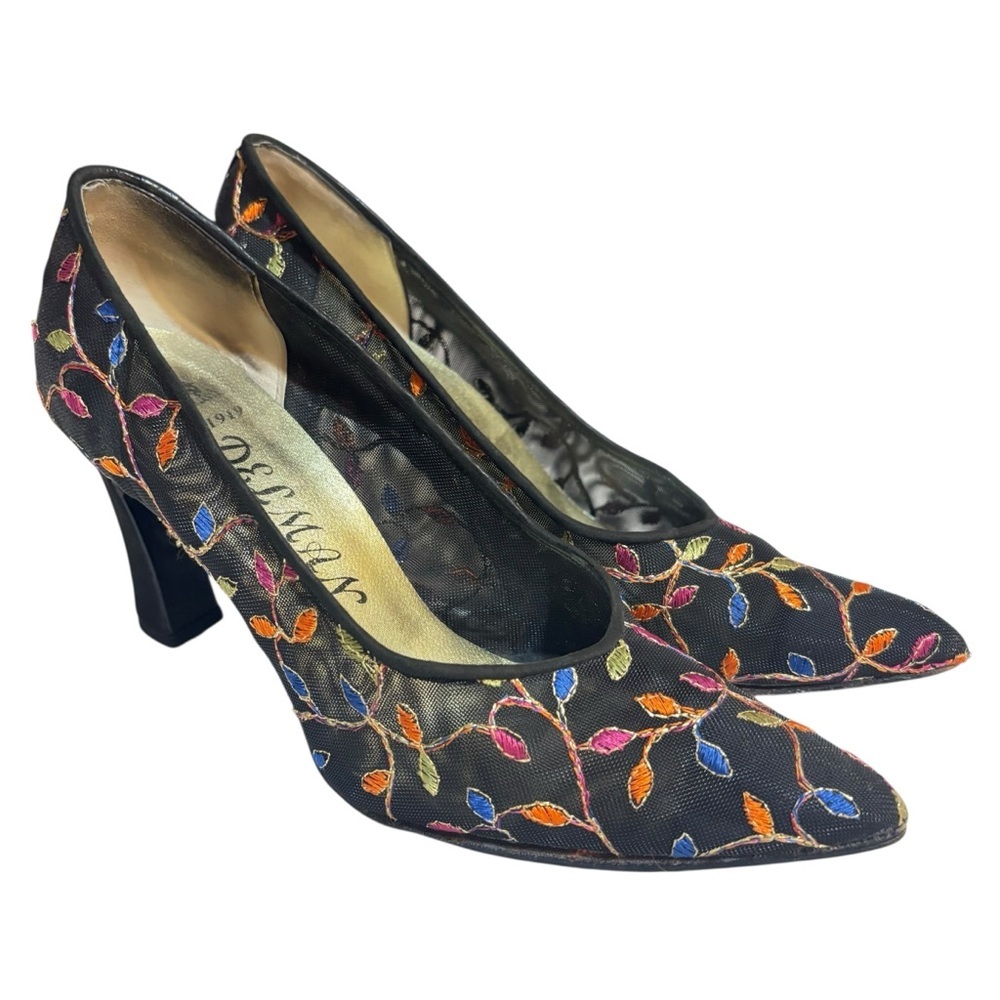 Delman heels black pointy toe mesh embroidered multicolor vines pumps size 6